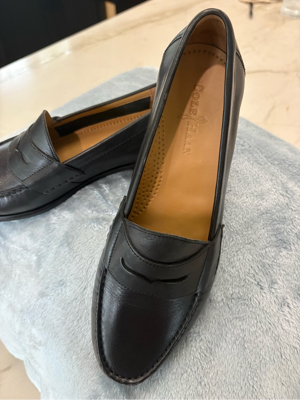 Cole Haan Black Leather Penny Loafers with Tan Insole